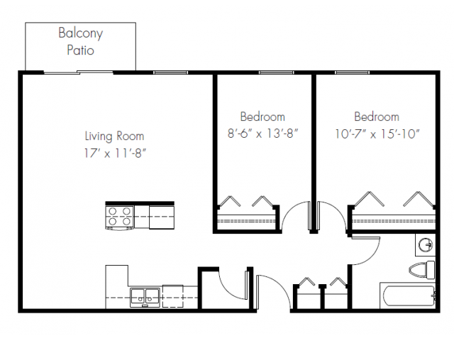 Floor plan for 2 beds, 1 bath, 840 sqft